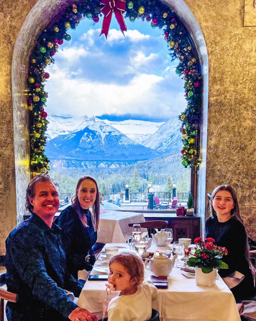 family at afternoon tea in Banff canada