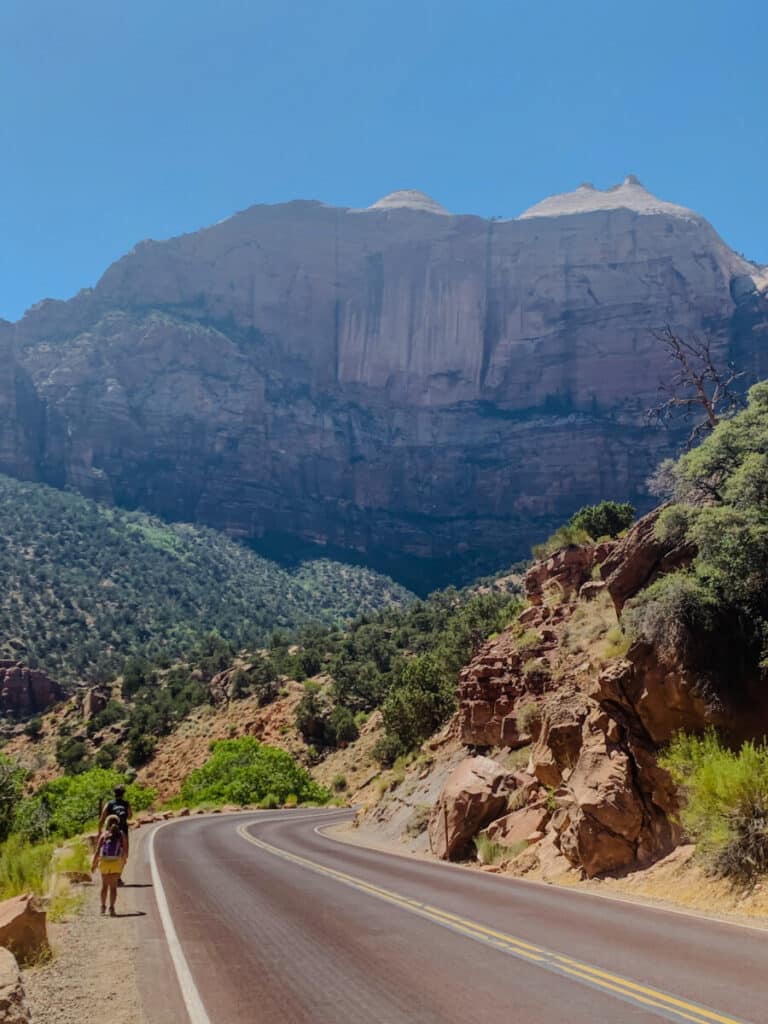 dad and daughter on road in zion national park 