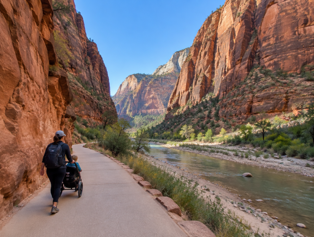 a parent pushing a stroller along the flat, paved trail with the Virgin River beside it